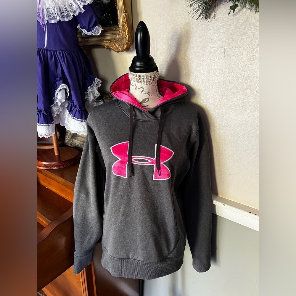 🩶 Under Armour Hoodie Women's Heather Grey Pink Embroidered
Logo Cold Gear